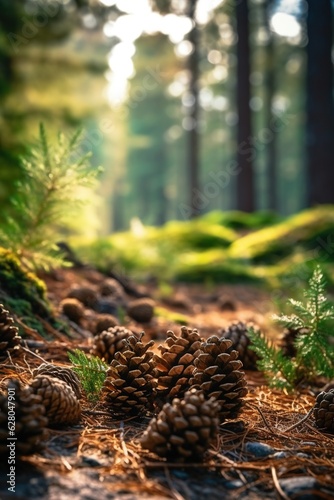 Close-up view of pine cones on the ground in the forest, against mossy dirt background. Image generated with AI.