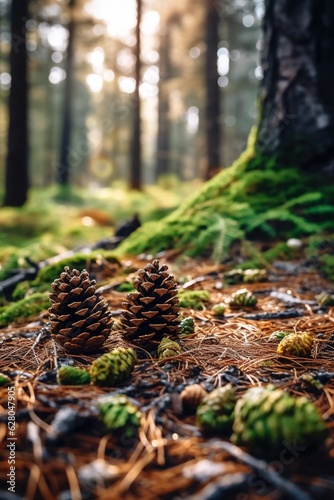 Close-up view of pine cones on the ground in the forest, against mossy dirt background. Image generated with AI.