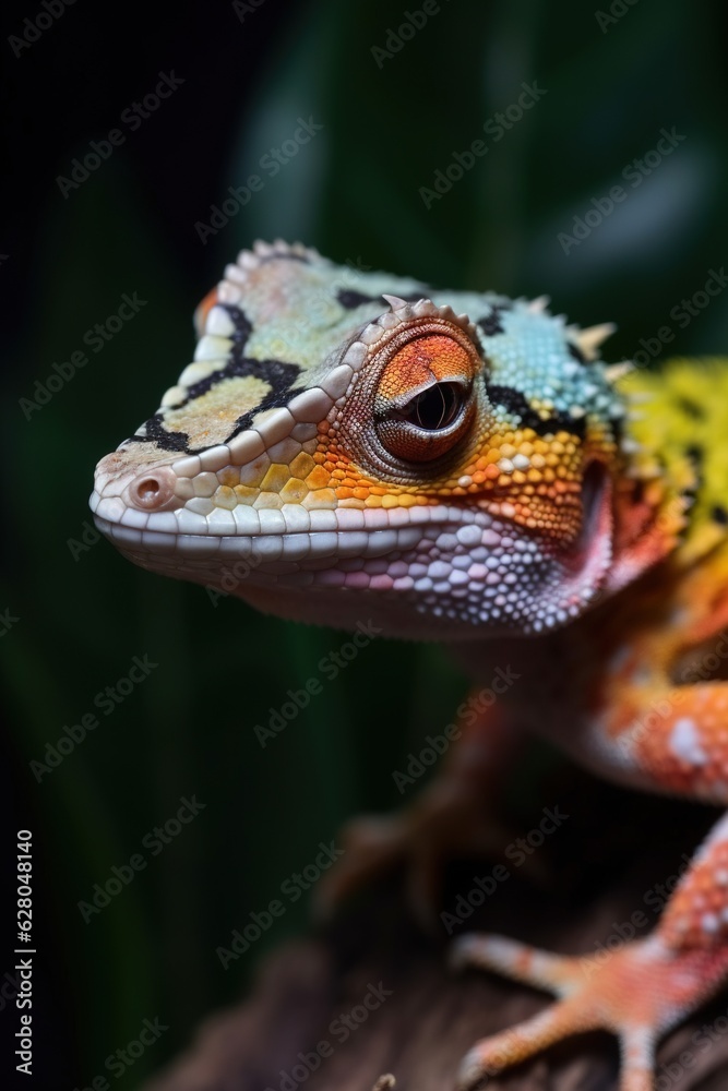 Naklejka premium Close-up portrait of a colorful gecko lizard hiding through vegetation, against dark background. Image generated with AI.