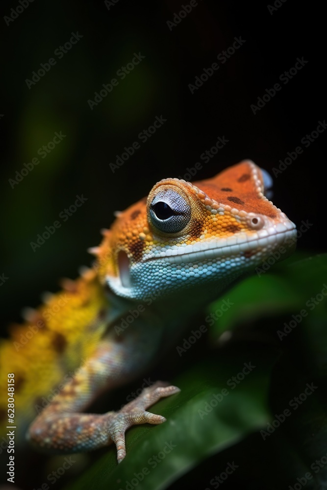 Obraz premium Close-up portrait of a colorful gecko lizard hiding through vegetation, against dark background. Image generated with AI.