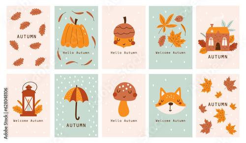 Autumn card set leaves, pumpkins, fox. Welcome fall season thanksgiving invitation. Hello Autumn. Vector illustration