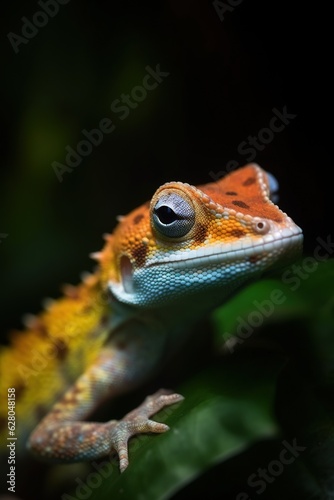 Close-up portrait of a colorful gecko lizard hiding through vegetation, against dark background. Image generated with AI.