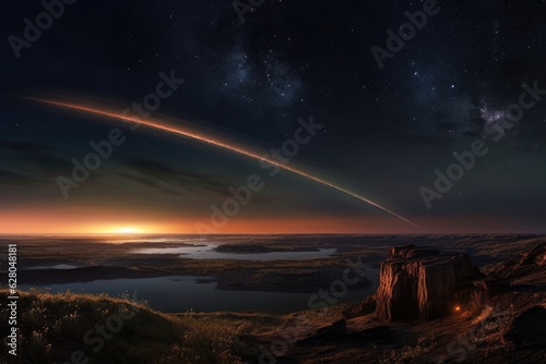 comets tail curving around earths horizon