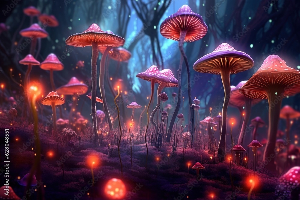 Illustration of a vibrant assortment of mushrooms growing in a lush grassy landscape, created using generative AI Illustration of a vibrant assortment of mushrooms growing in a lush grassy landscape, created using generative AI
