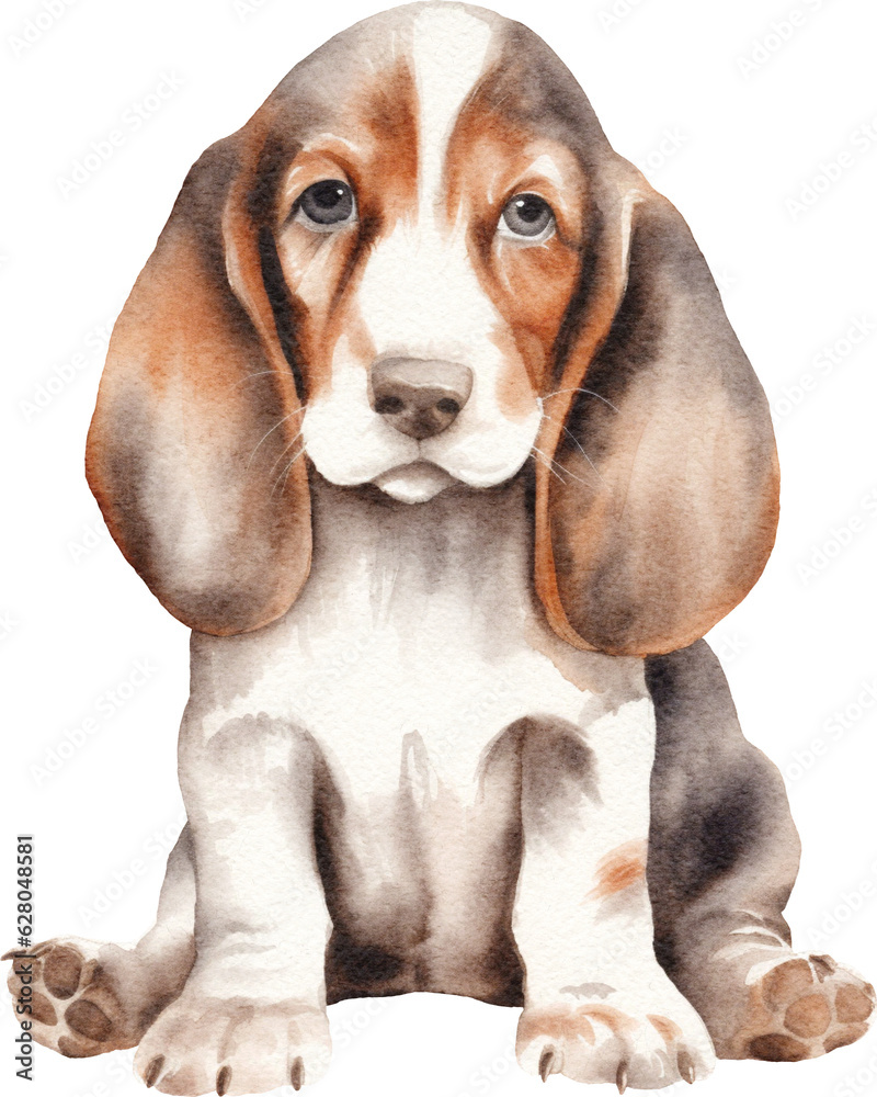 Basset puppy watercolour illustration created with Generative AI technology
