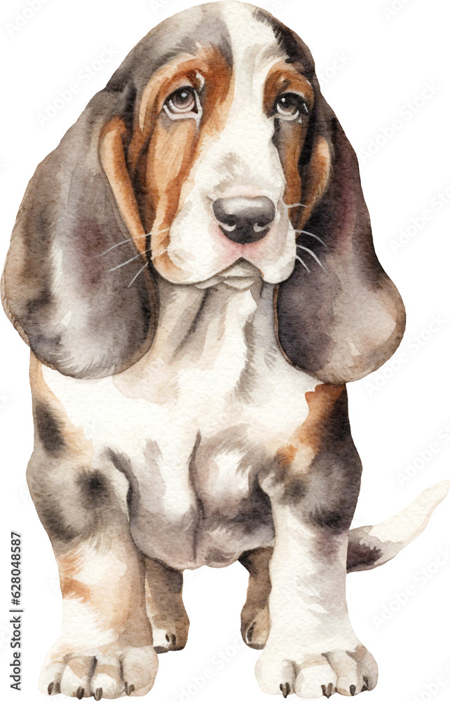 Basset dog watercolour illustration created with Generative AI technology Basset dog watercolour illustration created with Generative AI technology