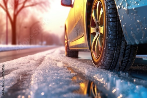 close-up of car tire on slippery icy road