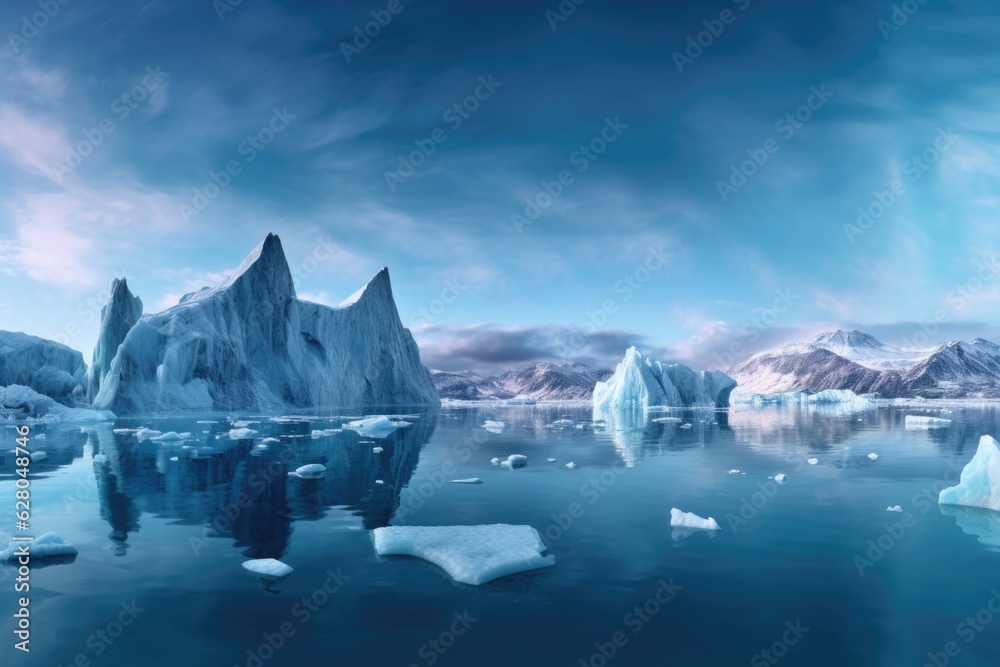 panoramic view of icebergs calving from a glacier