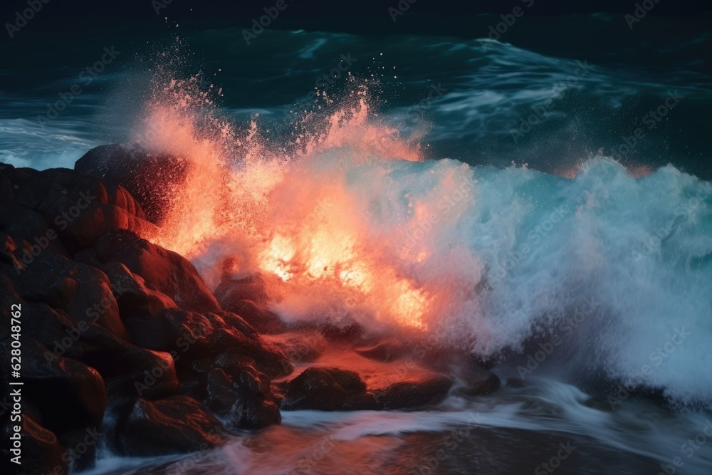 glowing lava illuminating sea spray at night