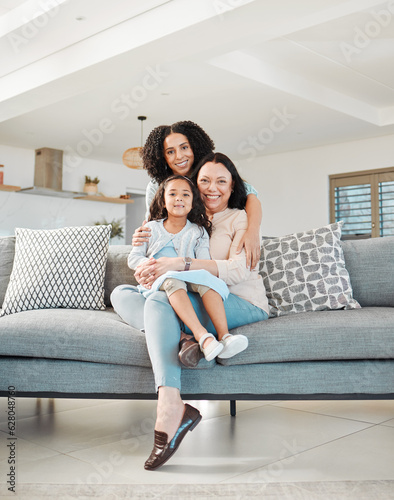 Mother, grandmother and girl on sofa for portrait in living room, home or happy together for a hug or quality time in house. Smile, face of mama and elderly person relax with young child in embrace