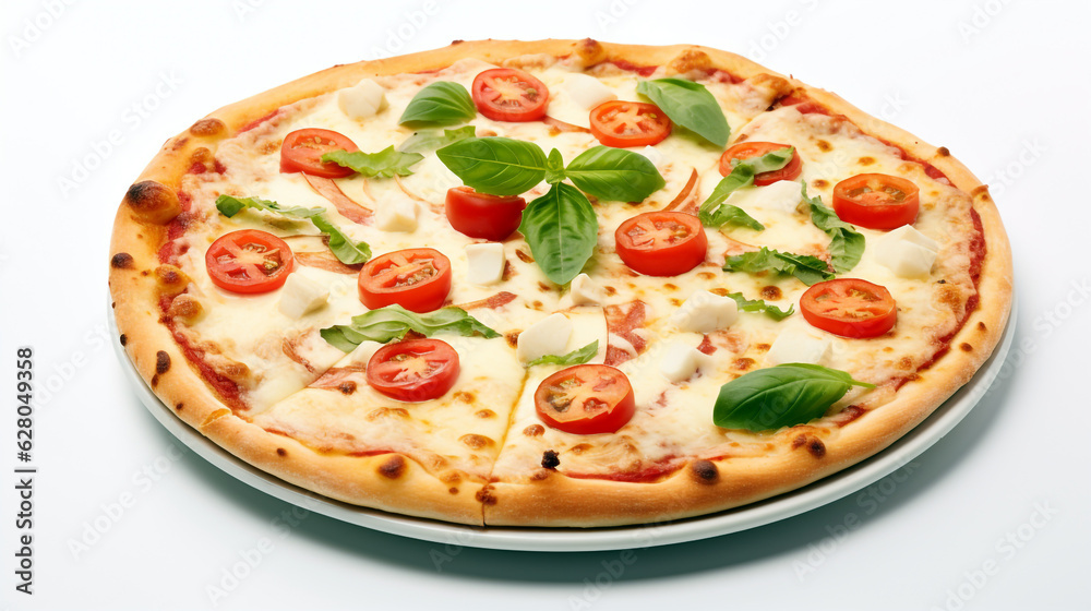 pizza with salami and tomatoes on a white background. Generative Ai. pizza with salami and tomatoes on a white background. Generative Ai.