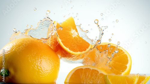 orange slices with water splash on white background close-up. Generative Ai. 