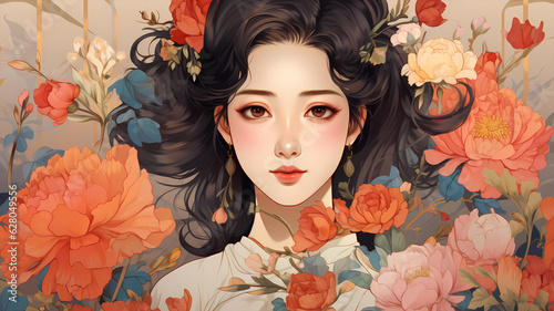 Hand-drawn cartoon beautiful illustration of a girl in ancient Chinese costume among flowers 
