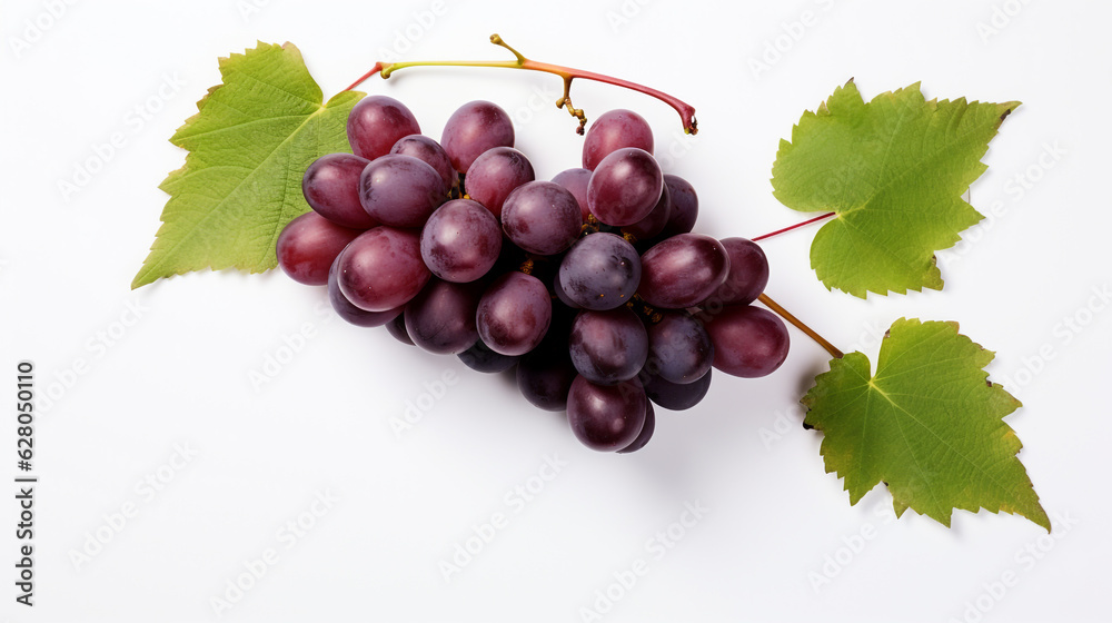 Fototapeta premium bunch of red grapes with green leaves on a white background. Generative Ai. 