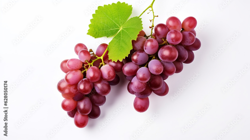 ripe red grapes with green leaves isolated on white background. Generative Ai. 