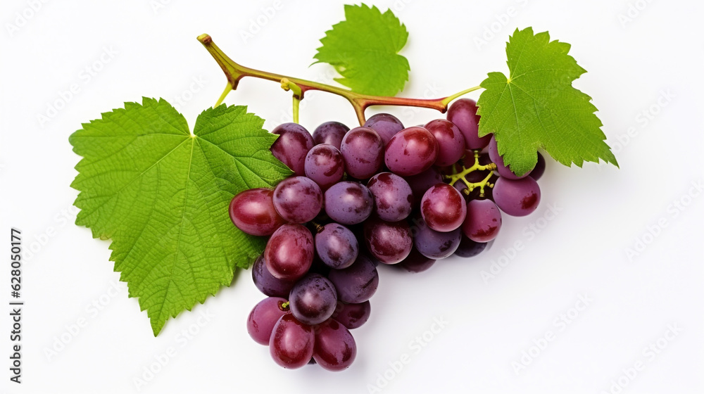 Fototapeta premium red grapes with green leaves on a white background for your design. Generative Ai. 