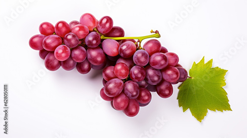 bunch of red grapes with green leaves on a white background, close-up. Generative Ai. 