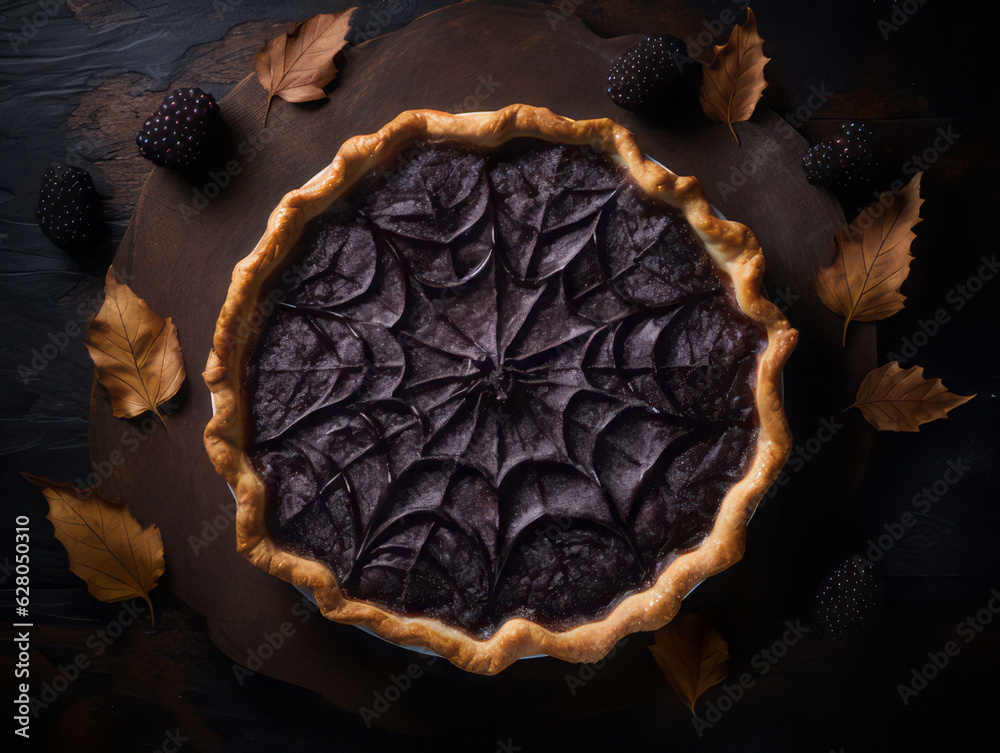 Fototapeta premium Blackberry pie with spider web. Halloween dessert.
