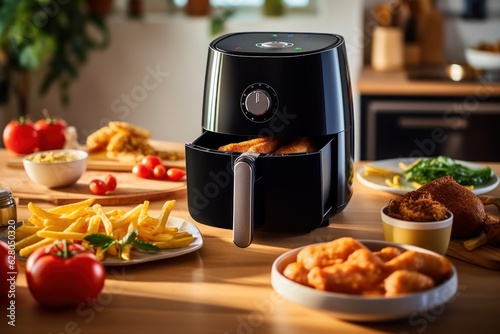 Illustration of a close-up view of a modern food processor on a kitchen countertop, created using generative AI