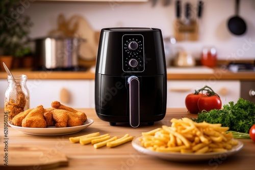 Illustration of a black air fryer on a wooden table created using generative AI