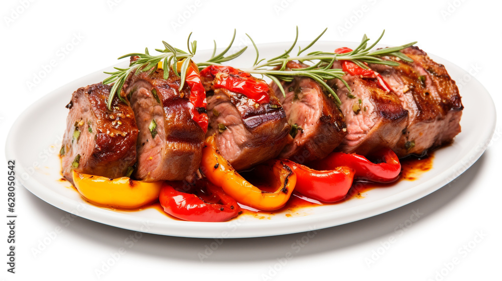 grilled beef steak with vegetables on a white background. Generative Ai. 