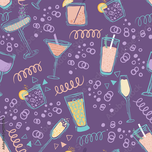 Seamless pattern with cocktail and bubbles.  Background for textile, fabric, stationery, clothes, accessories and other designs.