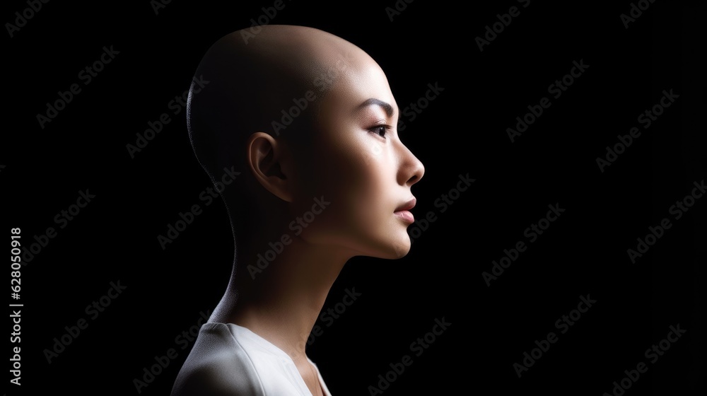 Emotional portrait of a bald Asian woman on black background