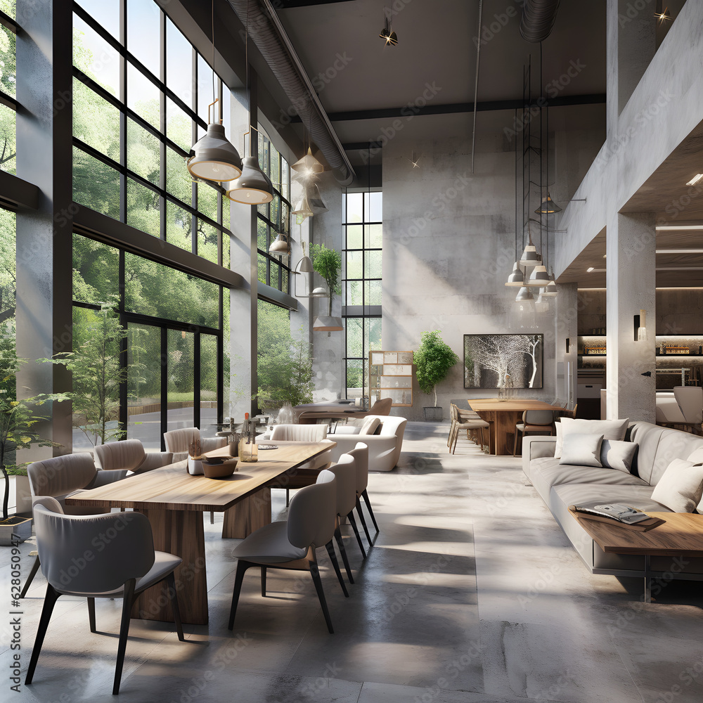 An idea for a coffee shop or restaurant, dining cafe, modern, sofa, tables, gray floor, big window with big terrace, high ceiling, chairs, pendant lights, plant, daytime, Ai generate.