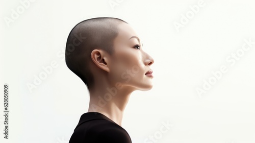 Emotional portrait of a bald Asian woman on white background