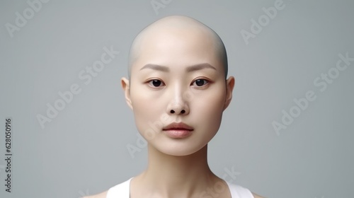 Emotional portrait of a bald Asian woman on white background