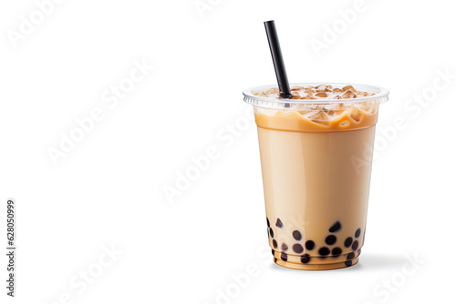iced milk tea and bubble boba in the plastic glass on the white background with copy space