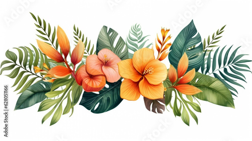 elegant floral arrangement with tropical leaves and orange flowers on a white background. Generative Ai. 
