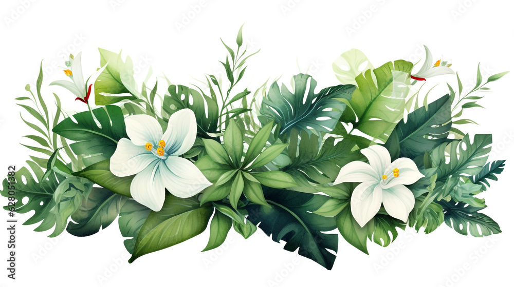 Floral arrangement of tropical plants and flowers on a white background. Generative Ai. Floral arrangement of tropical plants and flowers on a white background. Generative Ai.