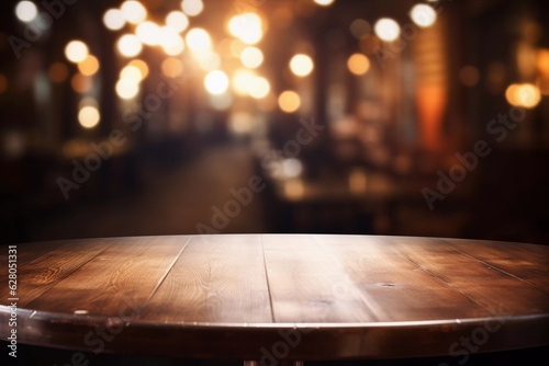 Empty round oak wood table top, blurred background in a bar or restaurant  © Dan