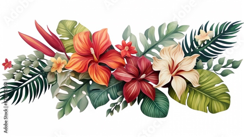 colorful illustrations with tropical leaves and flowers on a white background. Generative Ai. 