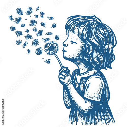 little girl blowing dandelion seeds into the wind illustration, girl with a dandelion flower