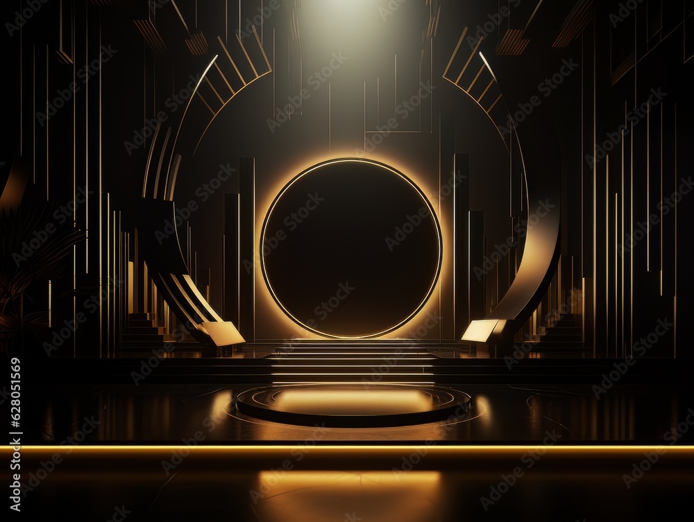 Abstract minimalistic contrast black and golden scene with geometric shapes. visualization AI