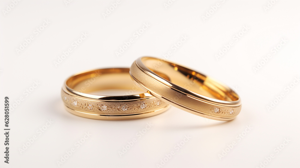 two gold wedding rings isolated on white background. Generative Ai. two gold wedding rings isolated on white background. Generative Ai.