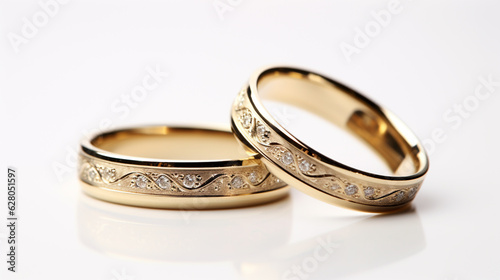 two gold wedding rings isolated on white background. Generative Ai. 