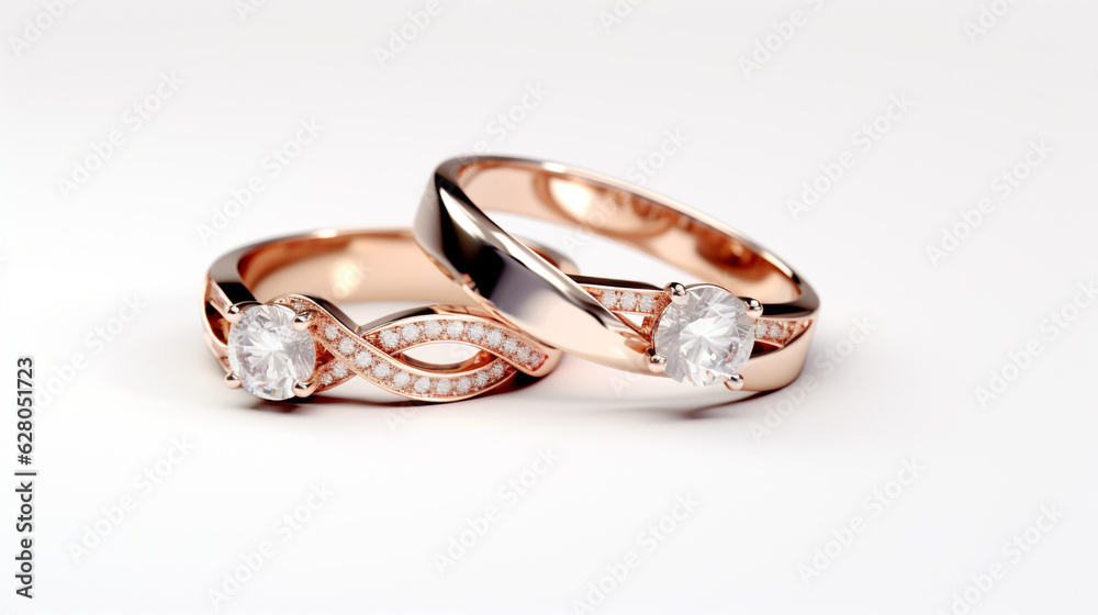 two gold rings with diamonds on a white background. Generative Ai. two gold rings with diamonds on a white background. Generative Ai.