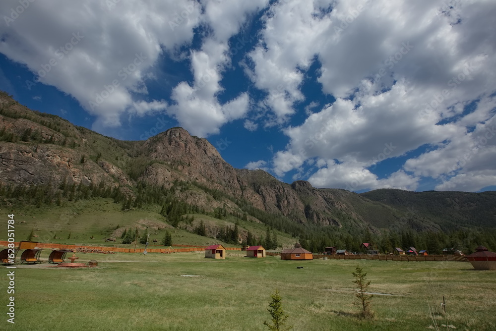 Tourist base at the foot of the mountain, Altai.