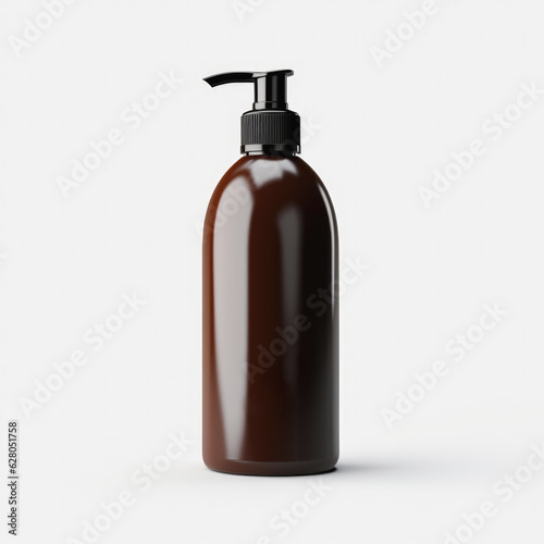 Brown cleansing shampoo bottle on white background.