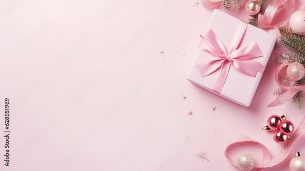Top view of pink gift box with copy space, golden decorations on background.