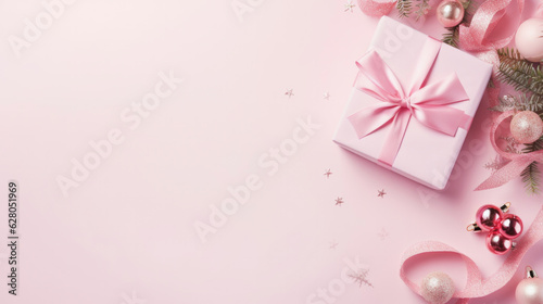 Top view of pink gift box with copy space, golden decorations on background. © patcharin.inn