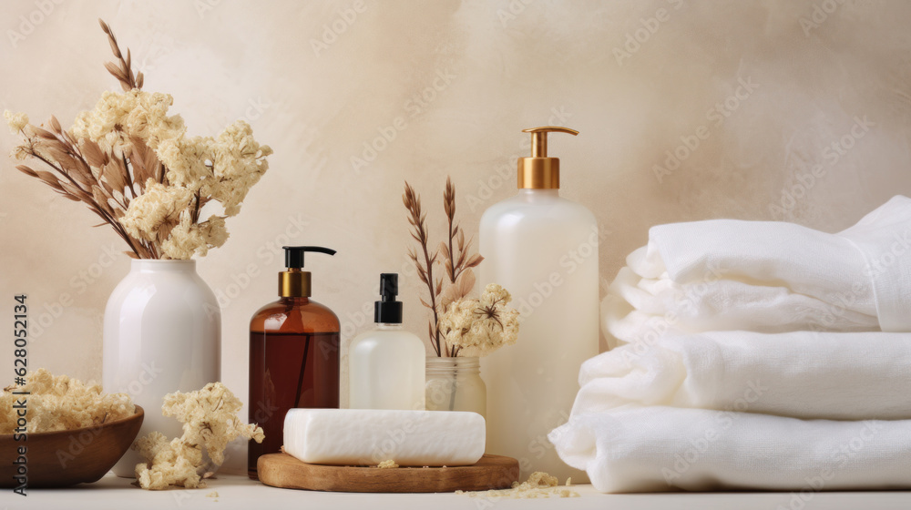 Bathing products in bathroom and spa shampoo with shower gel for cosmetics, by AI Generative.