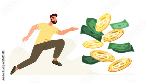 Greedy man chasing for Money Cash and Bitcoin coins signs,Bitcoin Symbolizing Success,Financial Achievement.Mercantile Character striving for richness and wealth.Flat vector illustration isolated photo