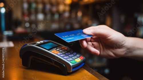 Hand holding credit card and paying with contactless on a credit card reader machine at coffee shop, by AI Generative.