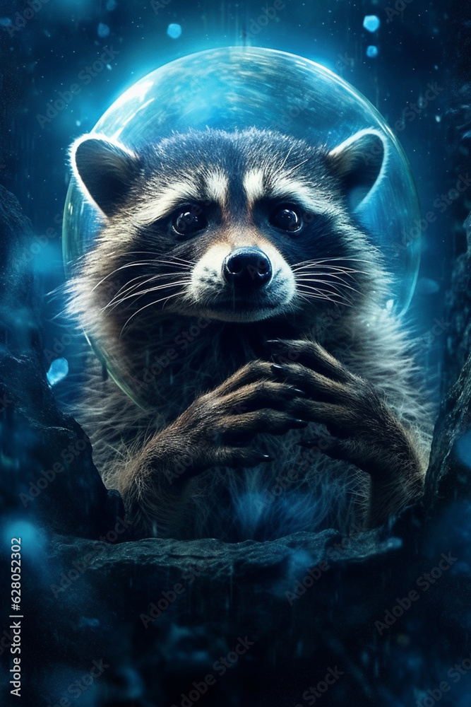 Obraz premium A Serene Raccoon Gazing into a Blue Clear Crystal Ball, Enveloped in Magic AI generated