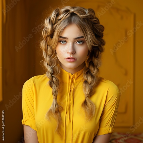 Portrait of beautiful young woman with stylish hairstyle with braids on yellow background. Fashion model with professional makeup and creative hairstyle, wavy hair.Pretty girl in yellow clothes