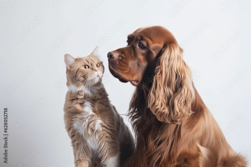 Two pets, cat and dog, sitting together showing adorable expressions, promoting the benefits of owning furry friends. AI Generative.